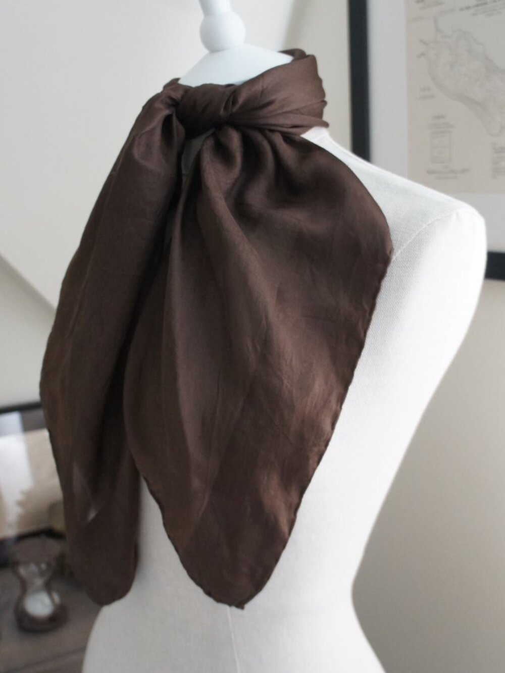 Vintage Solid Dark Brown Square Silk Satin Scarf